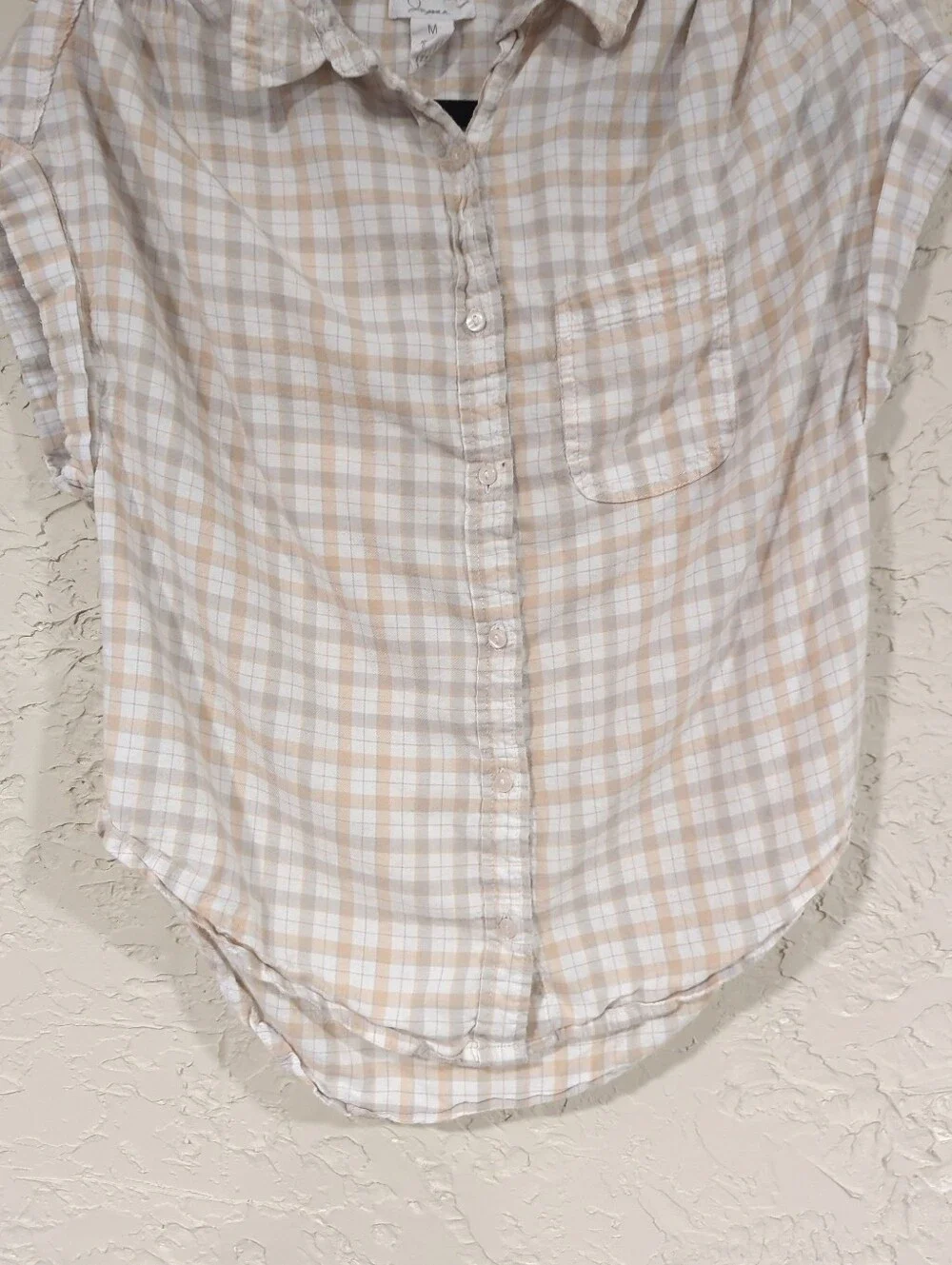 Japna White And Orange Check Plaid Short-Sleeve Button-Up Top - Women's Medium